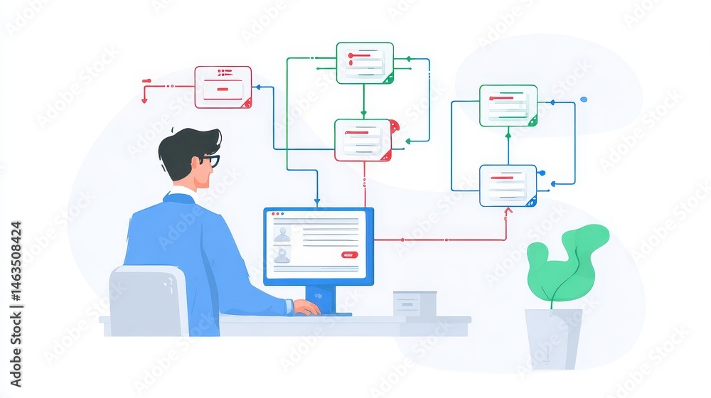 Poster complex process flow chart viewed from behind a worker.