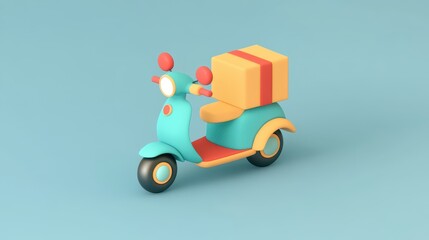 Stylized scooter delivering package on blue background studio shot for delivery service concept and e-commerce logistics solutions in digital 3D render