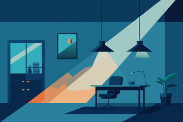 office made of light beams and floating shapes 