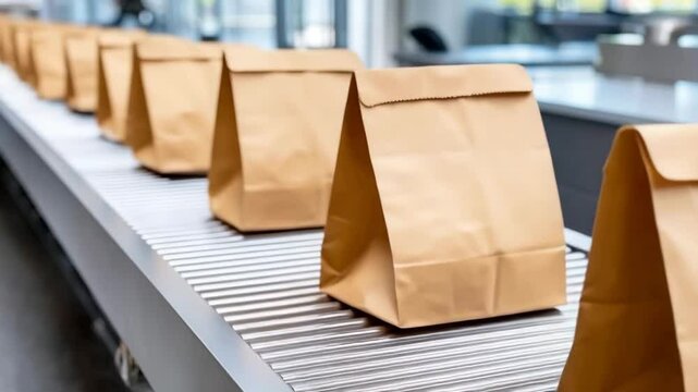 Multiple brown paper bags arranged in a row on a metal conveyor inside a modern food packaging or delivery facility.