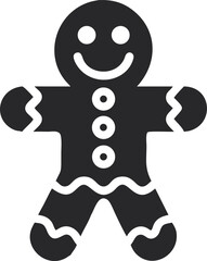 Gingerbread Man Icon Silhouette, Smiling Cookie Figure with Buttons and Frosting Design Isolated on White Background
