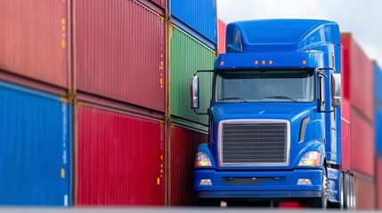Blue Truck Maneuvering Between Colorful Shipping Containers