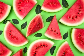 Watermelon Slices on Green Background: Fresh Summer Fruit Still Life, Bright Red Watermelon Wedges with Seeds and Green Leaves, Food Photography