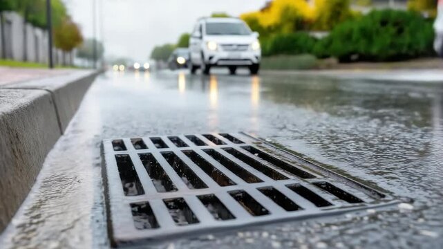 Urban street drainage system in action during rainfall, with water rushing into storm grate beside road and cars in background.