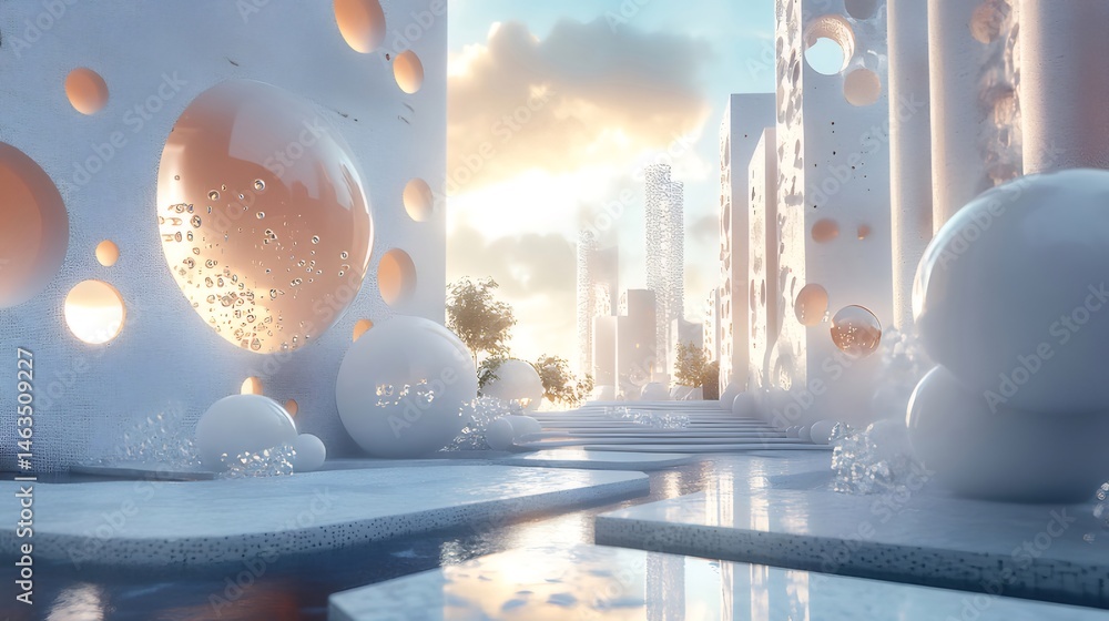 Poster 抽象的な未来都市景観 白い球体と建築物 光沢のある表面と柔らかい光 3dレンダリングによる静かなシーン