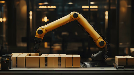 Robotic arm in a factory setting moving boxes on a production line.