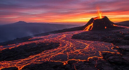 Fototapeta premium Volcanic Eruption Sunset Landscape - Majestic volcano erupting at sunset, lava flowing, dramatic sky, power of nature, fiery landscape. Symbolizes power, destruction, creation, rebirth, and awe