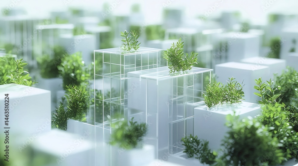 Aufkleber ミニマリストの都市景観 ミニチュアの白い建造物と緑の植物が並ぶ未来的な環境デザイン
