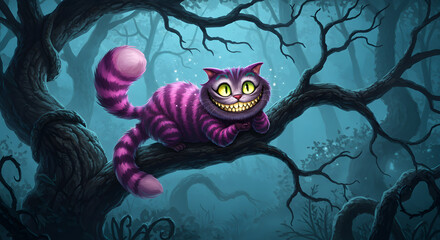 Cheshire Cat in Enigmatic Forest Digital Painting