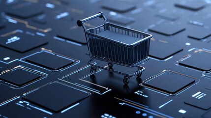 Miniature shopping cart on dark keyboard e commerce concept