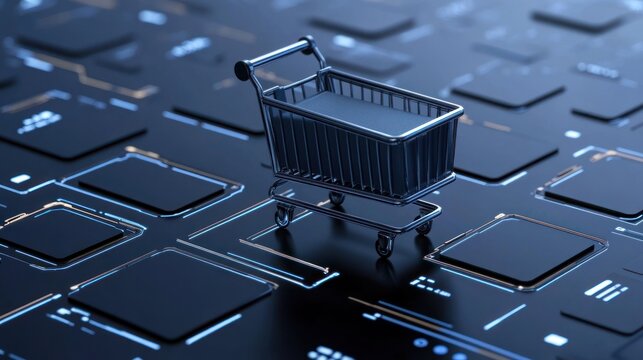 Miniature shopping cart on dark keyboard e commerce concept