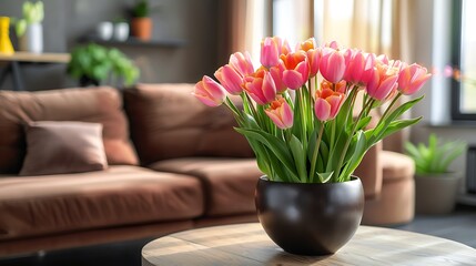 Minimalistic living room interior with brown sofa and bouquet of beautiful tulips on coffee table