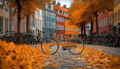 Orange Bicycle Parked on Cobblestone Street Amidst Autumn Leaves