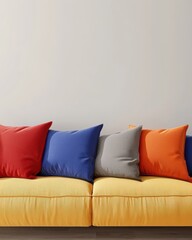 Colorful Pillows on Yellow Sofa in Modern Living Room Interior Design Close Up Minimalist Style Home Decor