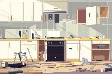 Cartoon Kitchen Renovation Scene Depicting Messy Construction with Tools and Debris in a Home Interior