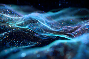 Abstract digital design of swirling, shimmering particles.