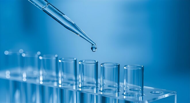 Science Lab Experiment: Close-Up of Dropper Adding Liquid to Test Tubes - Medical Research, Chemistry, Blue Tones Stock Photo