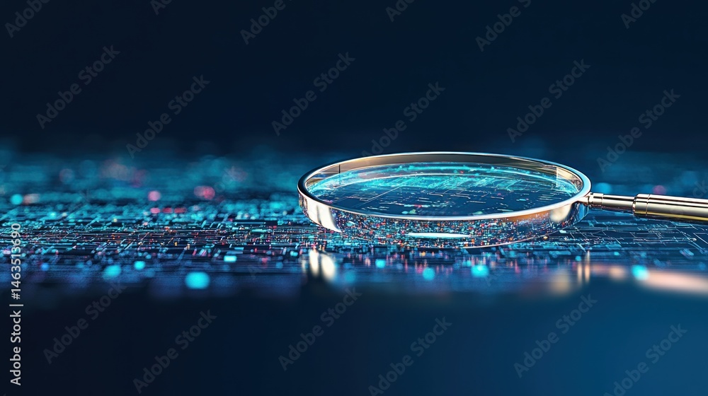 Poster magnifying glass on abstract circuit board data analysis and technological exploration