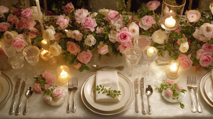 Elegant wedding table with floral centerpiece and fine china, radiating timeless romance and sophistication