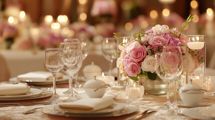Elegant wedding table with floral centerpiece and fine china, radiating timeless romance and sophistication
