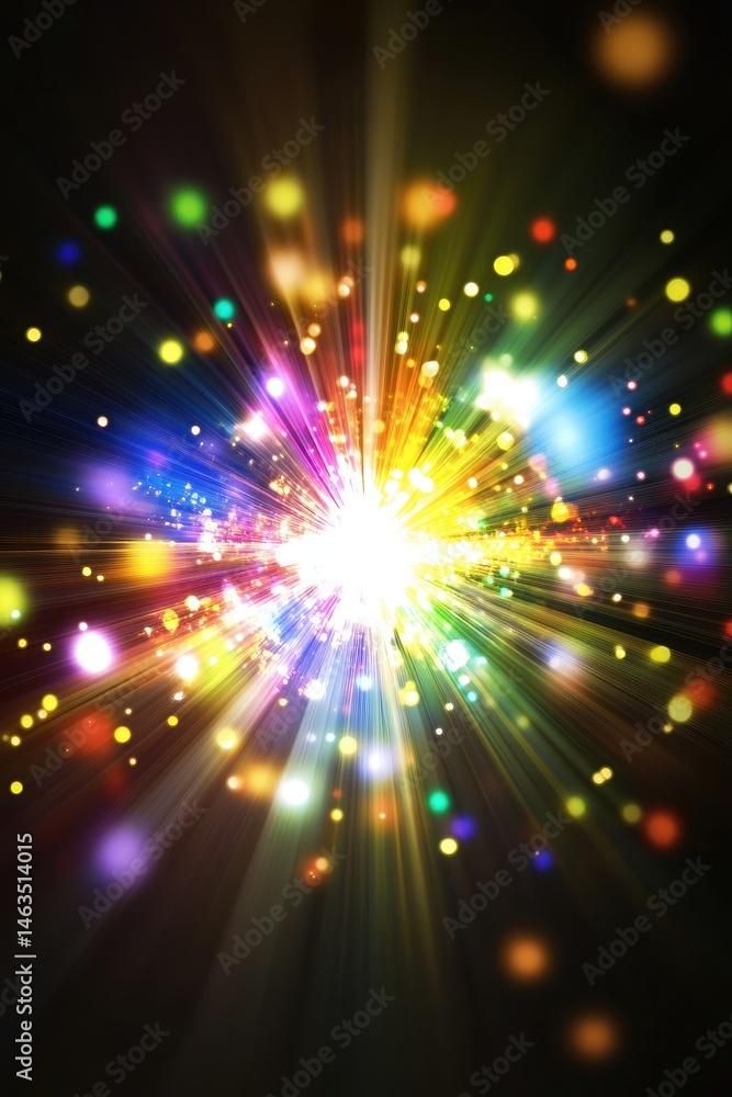 Poster abstract colorful light explosion on black background radiating outward from center point with bokeh