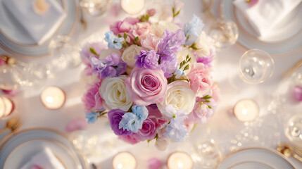 Elegant wedding table with floral centerpiece and fine china, radiating timeless romance and sophistication