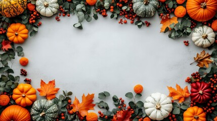 Autumnal Frame of Pumpkins, Eucalyptus, and Fall Leaves with Copy Space