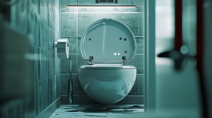 Leaking Toilet in a Bathroom with Water on the Floor