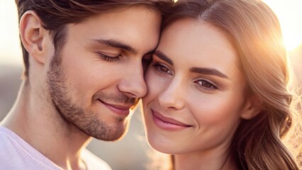 A couple shares a tender moment, their faces close together, with soft sunlight illuminating their features, conveying love and intimacy.