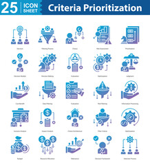 Criteria Prioritization icon sheet vector decision, filtering process, choice, risk assessment, prioritization, decision models, decision making, evaluation, optimization, judgment, cost benefit, data