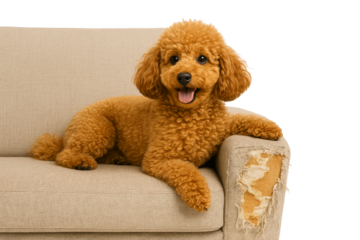 Apricot Toy Poodle on Sofa: A cheerful apricot toy poodle lounges on a beige sofa, its playful expression hinting at mischief as a small tear in the upholstery is visible.