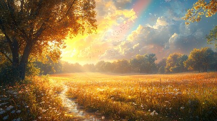 Golden fields, sunshine, rainbow