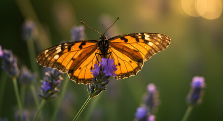 Obraz premium Butterfly on purple flower enjoying summer sunlight outdoors in natural environment