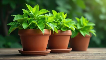 Obraz premium A terracotta flowerpot filled with lush green potted plants , vibrant, ceramic pot