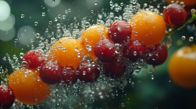 Juicy Rainier Cherries and Apriums Splashing in Water