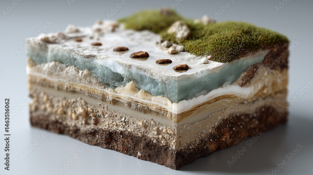 Poster Cross-Sectional Terrain Display: An informative cross-sectional view displays various geological layers.