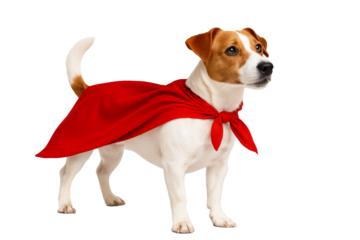 Heroic Canine: A brave canine dons a vibrant red cape, embodying courage and heroism, poised to leap into action and protect.