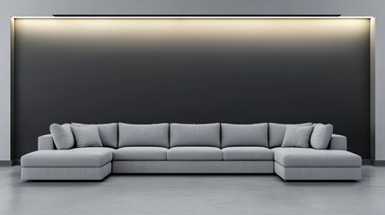 Contemporary sectional sofa minimalist interior design gray fabric upholstery linear lighting