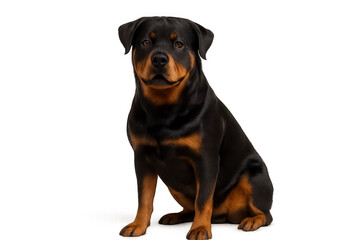 Obraz premium Rottweiler Portrait: A striking Rottweiler sits with alert posture against a clean backdrop, showcasing its muscular build, strong jaw, and expressive eyes.