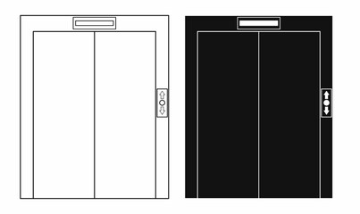 Vector elevator door icons in outline and solid styles. Simple lift symbol for building, architecture, transportation, UI, signage, or facility design projects. © Rustanto