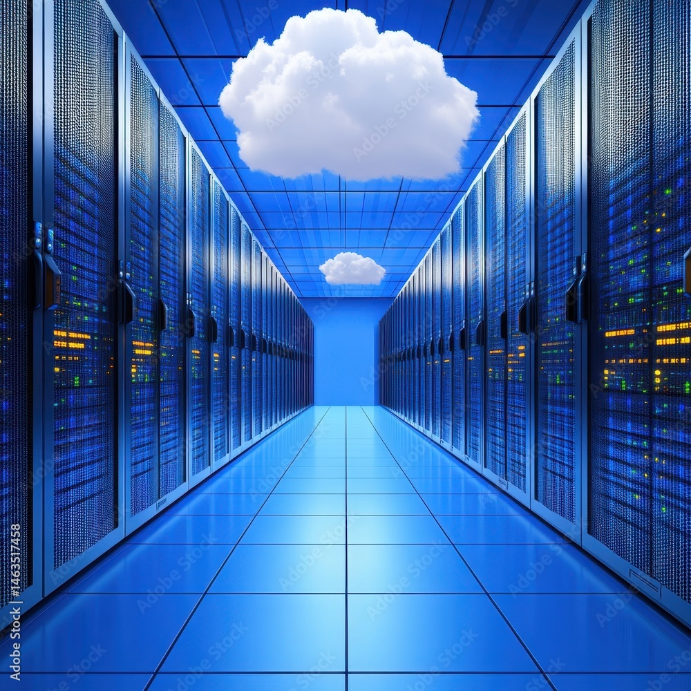 Aufkleber data center with server racks and cloud computing concept in blue tones modern technology perspectiv