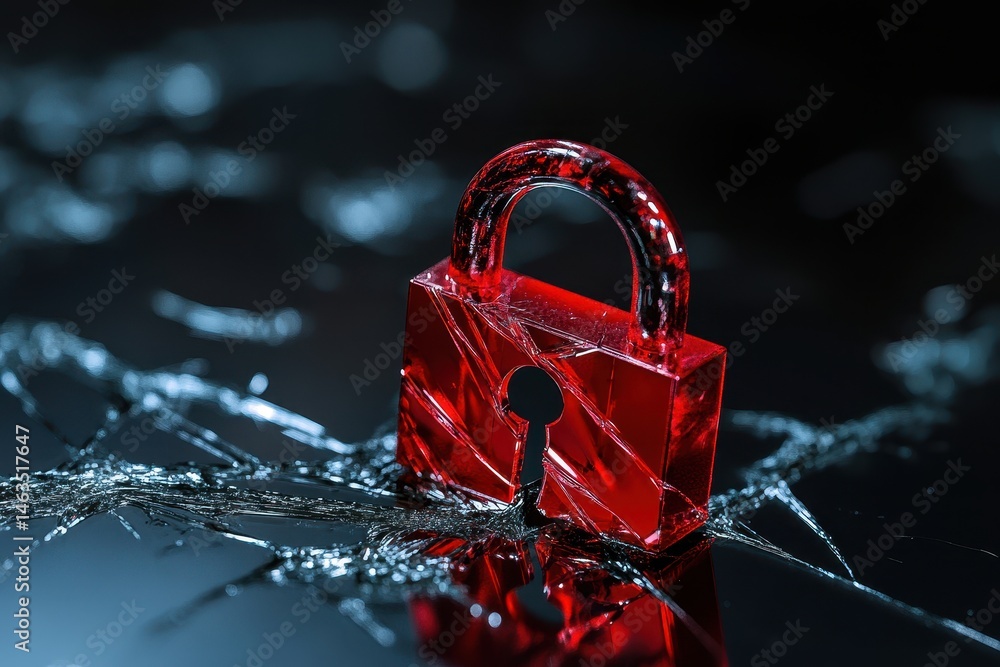 Poster red padlock on broken glass surface symbolizing security breach vulnerability and data privacy in a 