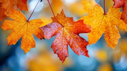 Fototapeta premium Vibrant Autumn Maple Leaves with Dew Drops