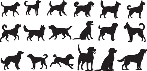 A high-quality vector collection of dog silhouettes showcasing various breeds in multiple poses including sitting, standing, running, and playing. These black animal icons are ideal for pet branding