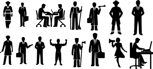 This professional vector set features a collection of business and office man silhouettes in various workplace roles and actions. Ideal for presentations, infographics, and digital media