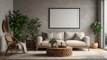 Modern Minimalist Living Room Interior with Blank Canvas Mockup