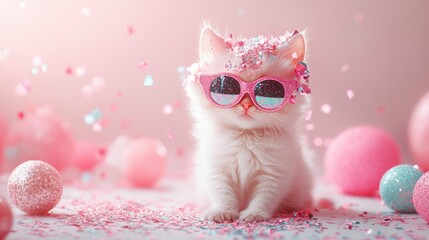 Adorable Kitten in Pink Sunglasses Surrounded by Confetti