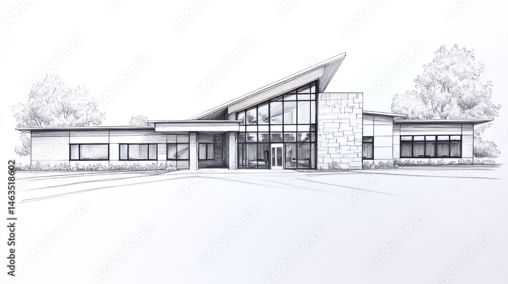 Poster modern building concept sketch architectural design with angular roof and landscaping
