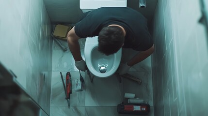 Man Installing or Repairing a Toilet in a Bathroom
