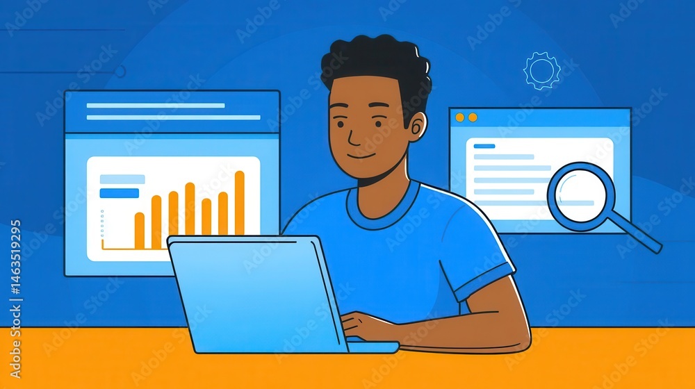 Aufkleber smiling person working on a laptop surrounded by data visualizations.